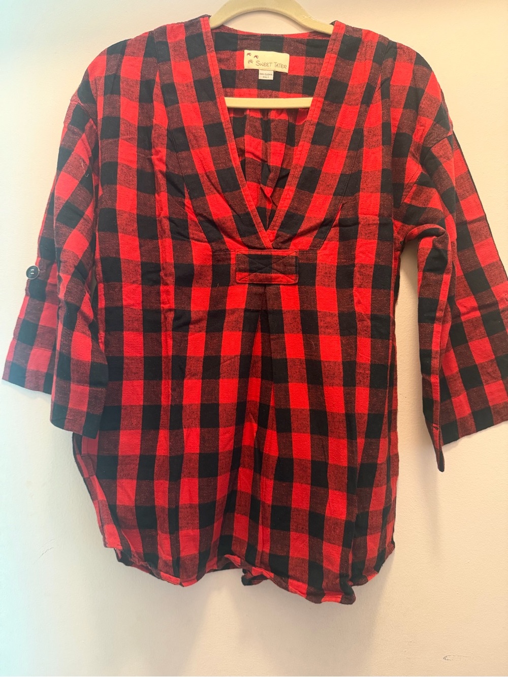 Women’s Red and Black Plaid V-Neck Tunic